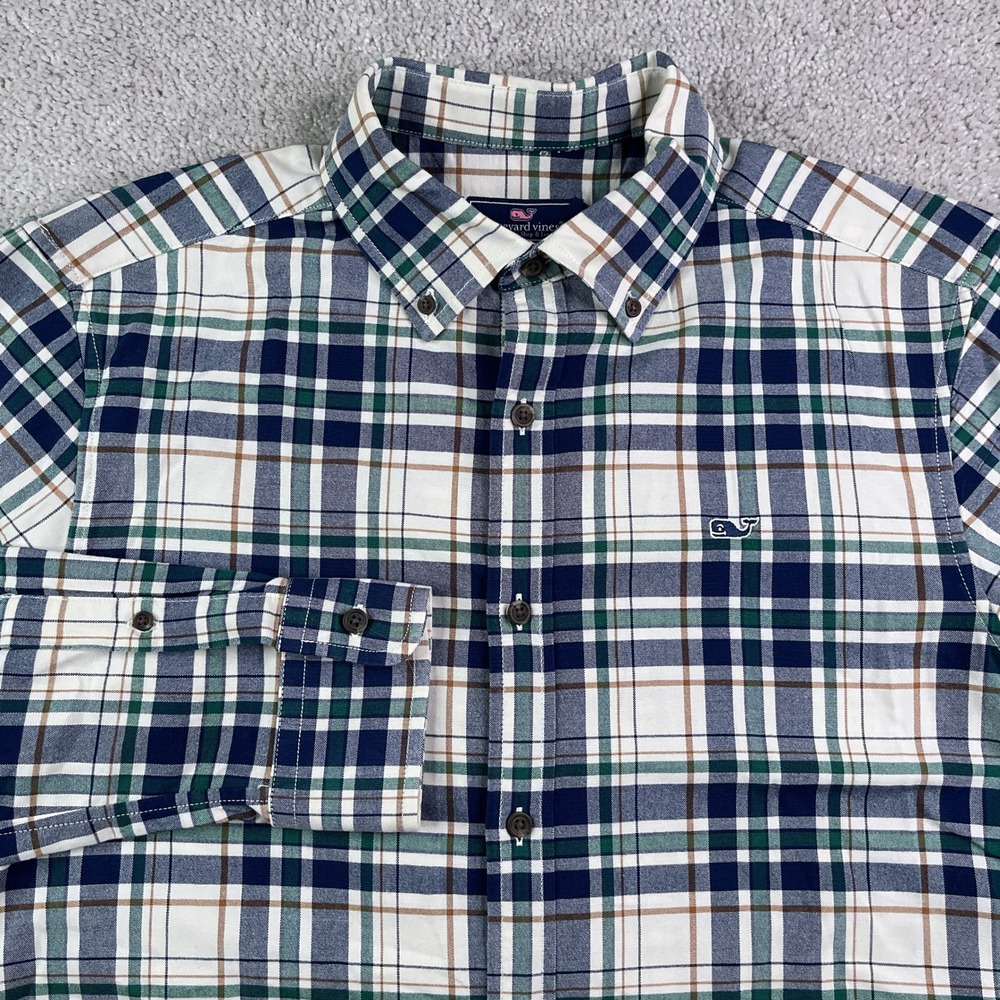 Vineyard‎ Vines Shirt Mens Medium Tan Blue Plaid Classic Fit Whale Oxford Preppy